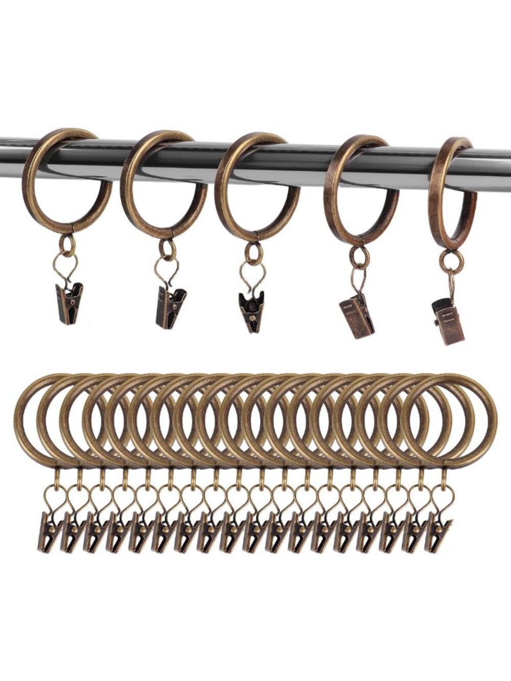40 Pack Heavy Duty Antique Brass Curtain Rings with Clips - Rustproof, Quiet